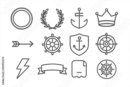 Collection of various outline icons including anchor, ship wheel, crown, laurel wreath, and lightning bolt symbols