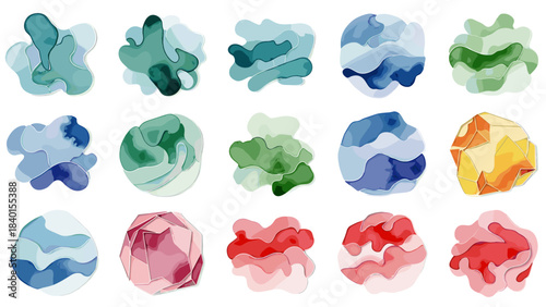 Watercolor abstract shapes in blues, greens, and reds