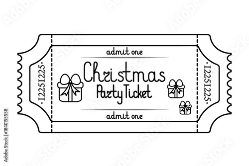 Christmas party. Ticket admit one. Gift boxes decorated with a bow. Sketch. Handwritten lettering. Vector illustration. Tear-off ticket with a number.