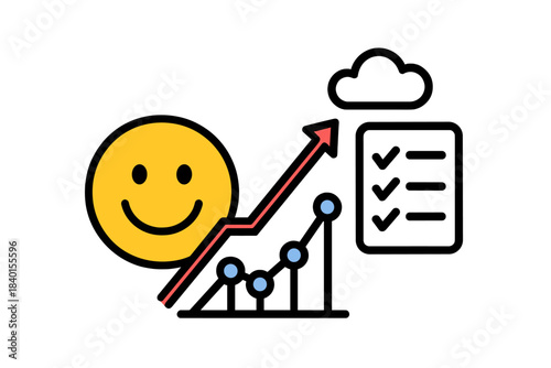 Smiley face with checklist and upward trending growth chart symbolizing satisfaction