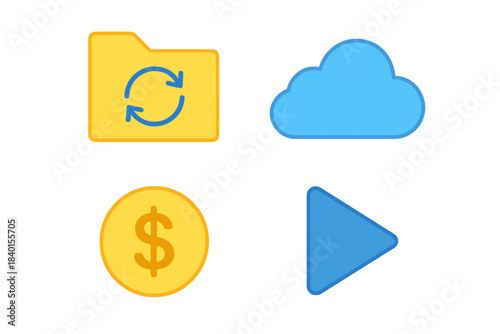 Cloud storage, folder sync, dollar currency, and media playback user interface icons
