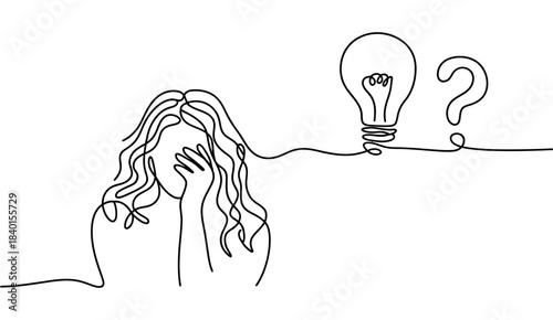 Continuous line drawing of a stressed woman covering her face, next to a glowing light bulb and question mark, symbolizing confusion and creative block.