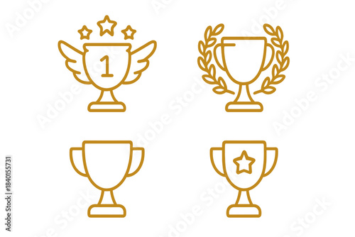 Golden outline trophy icons symbolizing achievement, competition, and first place awards set