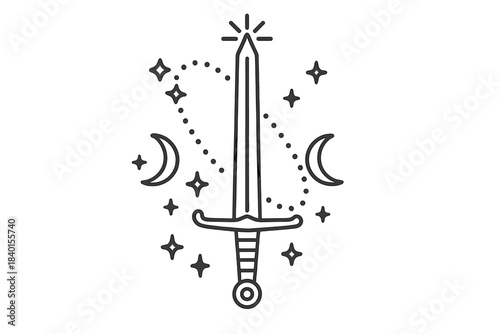 Magical celestial sword design featuring crescent moons and sparkling stars in the night sky