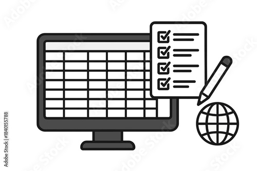 Digital data management and global business planning with spreadsheet and checklist