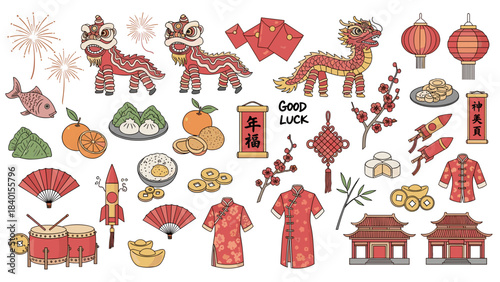 Chinese new year celebration decorations and symbols