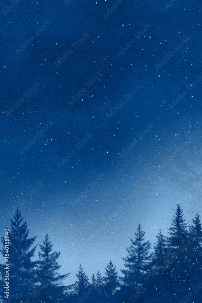 Naklejka premium Winter night forest with starry sky background, watercolor illustration depicting a peaceful natural landscape