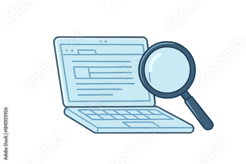 Digital research and investigation of a laptop screen examined by a magnifying glass