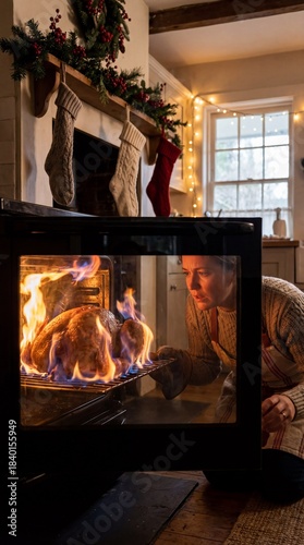 Holiday cook checks burning turkey in oven, turkey bursts with flames while turkey dinner goes wrong in cozy kitchen with stockings and lights, funny christmas mishap family memory