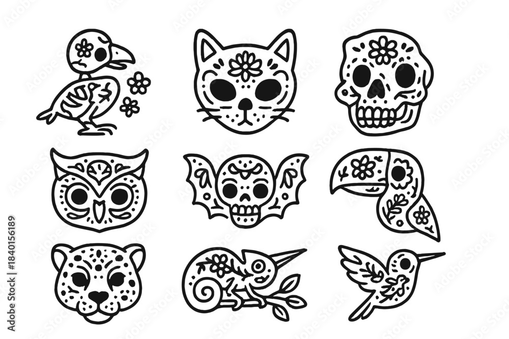 Obraz premium Decorative animal heads and sugar skulls with floral patterns in traditional Mexican folk art style