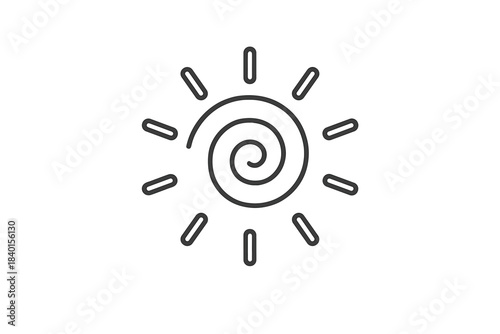Minimalist outline icon of the sun featuring a central spiral shape and radiating light beams