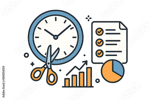 Clock being cut by scissors next to business analysis charts and a checklist for time management