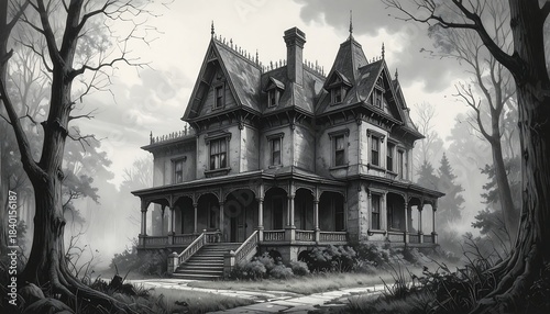 Old, gothic house with intricate details, a porch, and tall trees in a misty, desaturated landscape