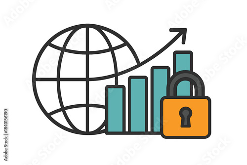 Secure global market growth symbolized by a rising bar chart, world grid, and closed padlock