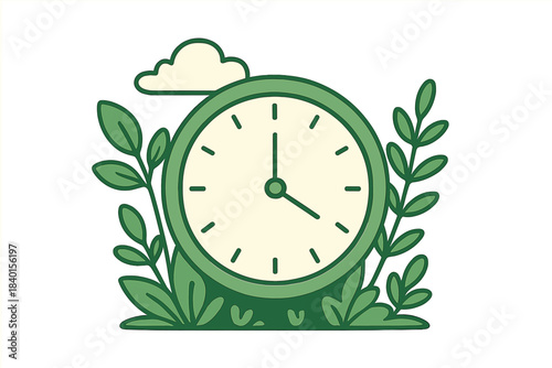 Eco-friendly clock surrounded by green leaves and plants with a cloud icon for natural time