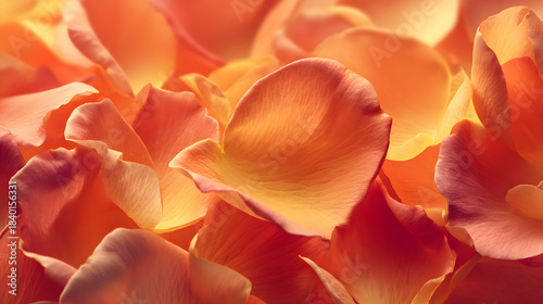 Vibrant full-frame orange rose petal background, warm saturated tones, realistic botanical textures, sunlight-inspired soft glow, lively and eye-catching yet elegant. 