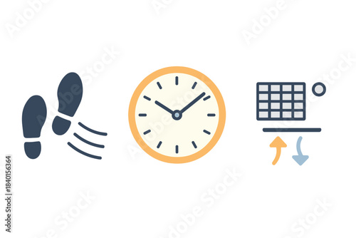 Essential symbols for tracking steps, measuring time, and controlling indoor climate temperature