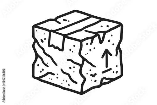 Outline drawing of a heavily damaged cardboard shipping box with an upward arrow symbol on the side