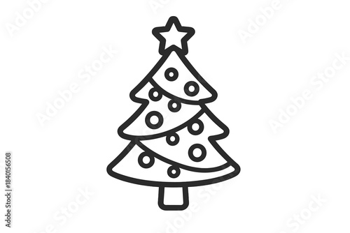Stylized Christmas tree line drawing adorned with festive baubles and a star topper