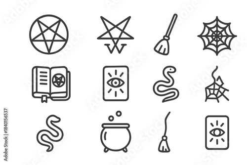 Dark magic and esoteric symbols featuring pentagrams, snakes, and mystical objects