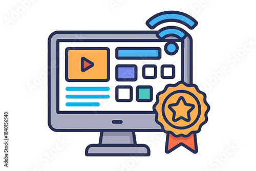 Computer screen showing video content and website layout with a star award badge and wireless connection