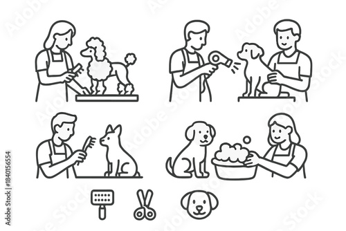 Set of professional pet grooming icons showing dog washing drying brushing and trimming
