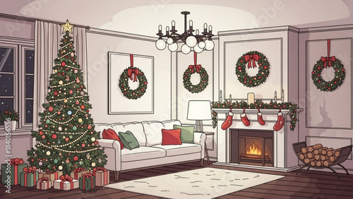 Cozy Christmas living room with decorated tree fireplace and gifts perfect for holiday season greetings and winter decor