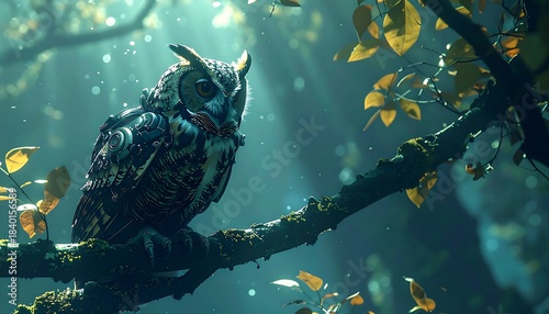 Owl perched on mossy branch, sunbeams filter through leafy canopy, creating a mystical, tranquil scene