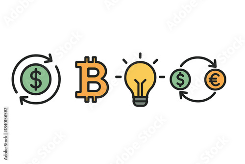 Bitcoin symbol, lightbulb idea, and dollar euro currency exchange icons