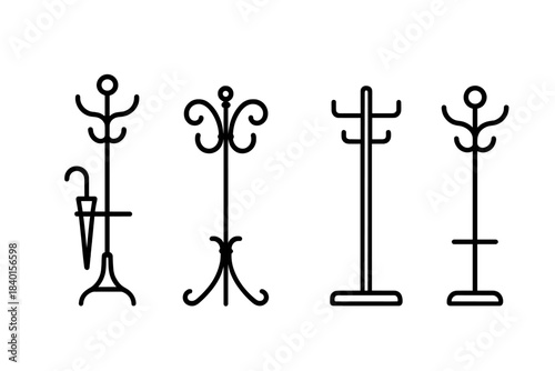 Collection of four different styles of coat stands and hall trees with hooks and umbrella storage