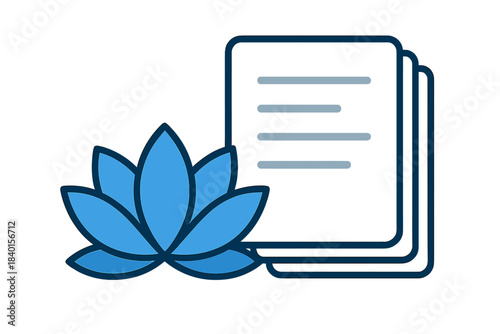 Abstract icon of a blue lotus blossom next to stacked papers representing policy or data management