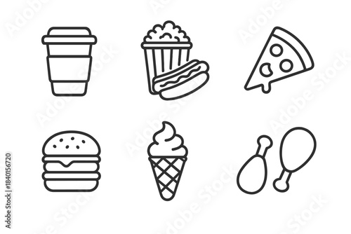 Minimalist line art icons of fast food, snacks, and desserts including coffee, pizza, and ice cream