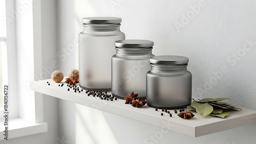 Fototapeta Naklejka Na Ścianę i Meble -  Three matte glass spice jar mockup with blank lids on a wooden shelf, styled with whole spices and soft natural daylight. Clean, modern home-culinary aesthetic.
