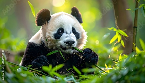 Panda, mid-snack, with bamboo, centered in a green leafy background with dappled sunlight highlighting its fluffy fur