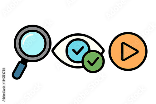 Colorful set of three user interface symbols for search, visibility, and media playback
