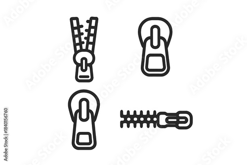 Outline icons of zipper components including puller, slider, and teeth