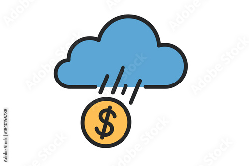 Blue cloud raining golden dollar coin symbolizing digital finance and cost management