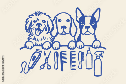 Dog grooming salon tools cartoon sketch vector illustration