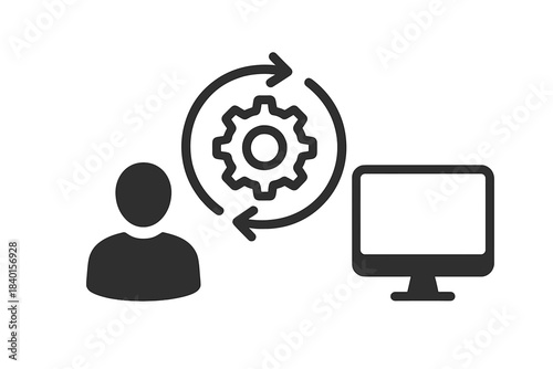 User profile, gear mechanism, and computer display showing system synchronization