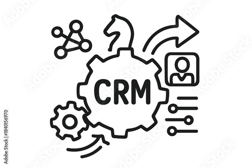 Customer Relationship Management system process with gear, user profile, and strategy symbols