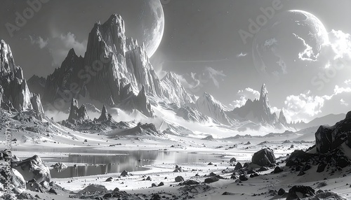 Monochrome alien landscape with snow-capped peaks, cratered terrain, and two celestial bodies in the sky