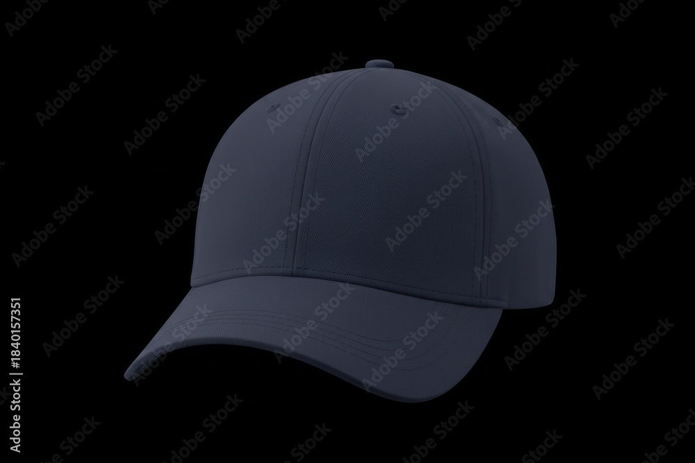 Fototapeta premium Dark blue baseball cap is featured against black background. It displays smooth curves and subtle texture of cloth, highlighting form of visor and crown
