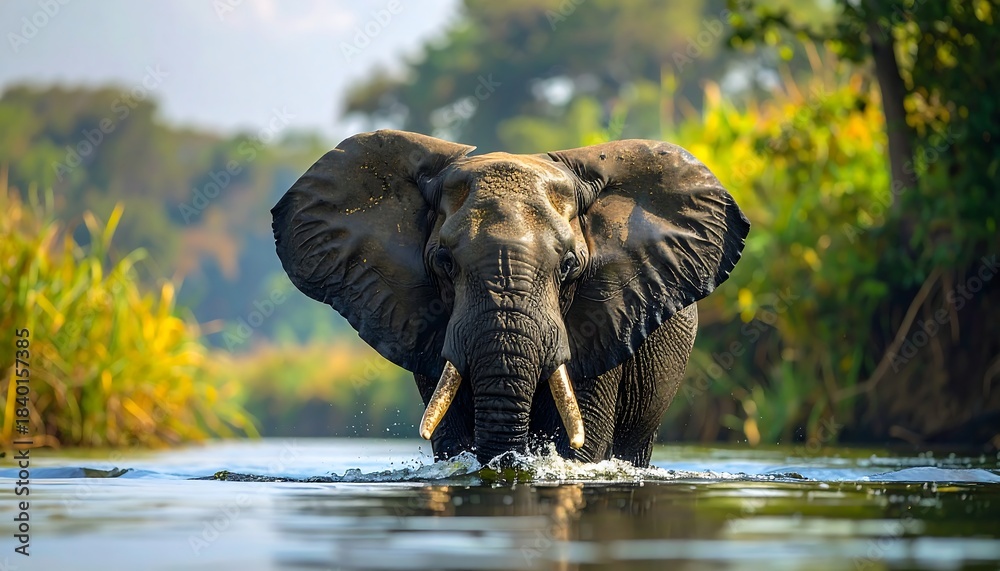 Fototapeta premium Elephant wading in a river, foliage blurred background. Water splashes around its legs in the clear, bright light
