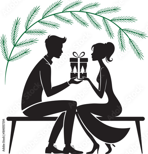Couple Sitting On Bench Exchanging Gift Boxes Under Pine Branches