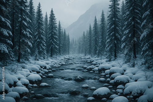 Snowy pine forest river with cold flowing water, moody winter landscape and peaceful wilderness scenery. generative AI