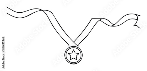 Simple line drawing of a medal with a star for achievement and recognition awards for sporting events and competitions, perfect for graphic design projects.