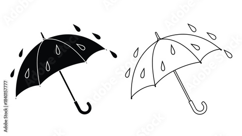 Two umbrella illustrations solid black and line art with falling raindrops