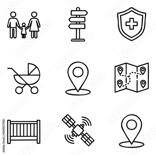 Collection of line icons representing family, navigation, security, travel, and baby care for app interfaces and web development