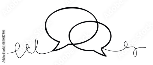 Minimalist black outline of two overlapping speech bubbles and handwritten text lol symbolizing communication, conversation, and online chat, perfect for web design and social media.