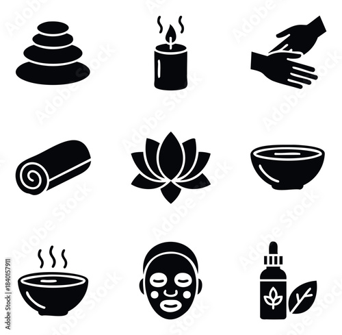 Collection of spa and wellness icons for massage therapy, relaxation, aromatherapy, and skincare applications presented as solid silhouettes.